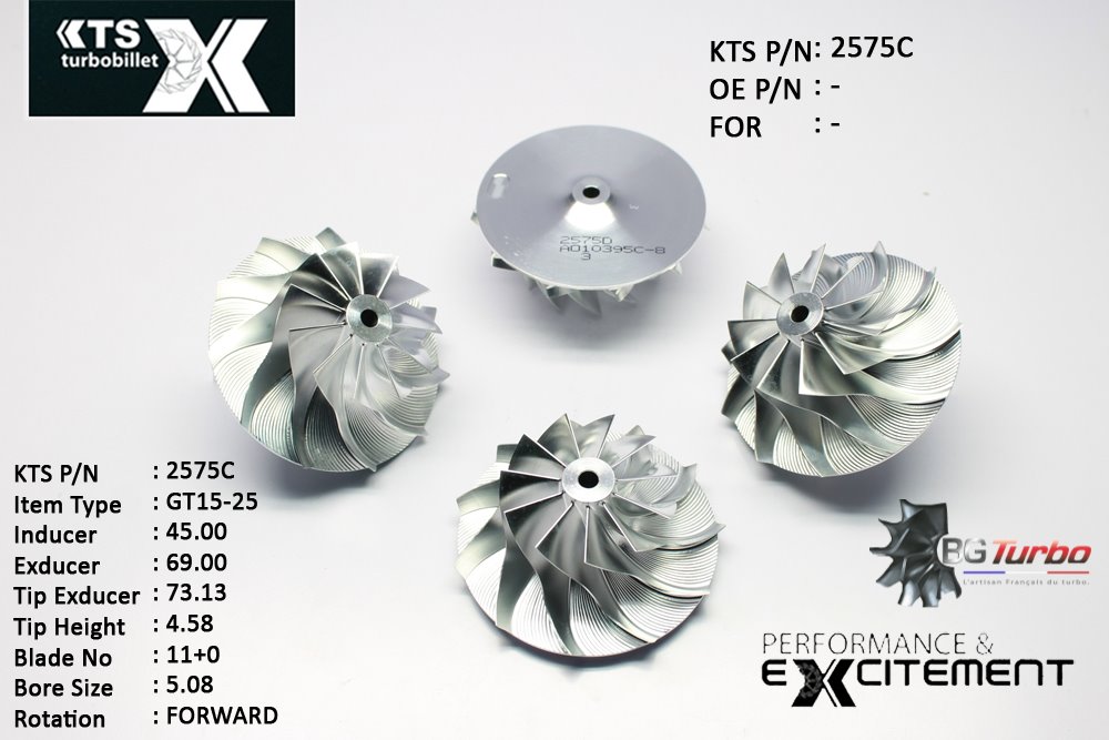 Turbo ROUE FORGÉE MFS PERFORMANCE - 11+0 PALES - INDUCER : 45 - EXDUCER : 69 - TYPE : GT15-25ANGLE : 65° - ROTATION : Forward - SUPER BACK : 3,8 - BORE SIZE : 5,08
